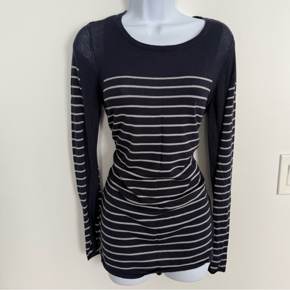 CAbi Navy and Light Gray Striped Long Sleeve Top